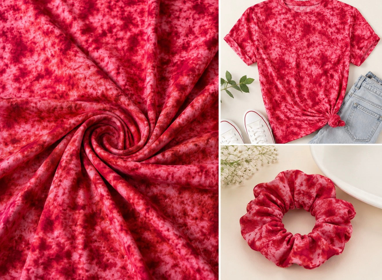 Red Tie Dye Polyester Spandex Fabric by the Yard | 95% Polyester 5% Spandex